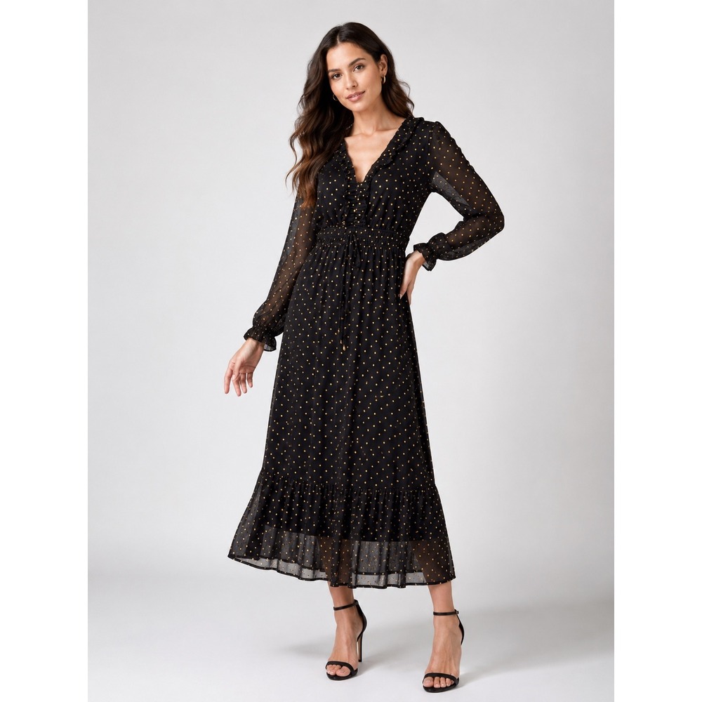 Harlow & Rose Black Gold Polka Dot Sheer Sleeve Midi Dress‎ Size M